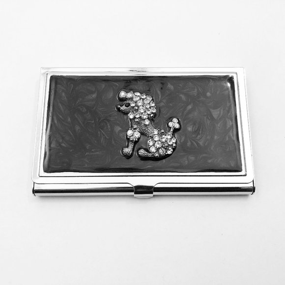 Vintage Stainless Steel Business Card Case with Rhinestone Poodle - Picture 1 of 9